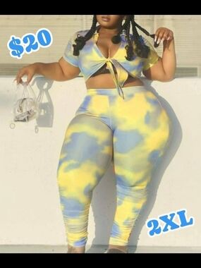 Tie-Front Crop Top & High-Waist Legging Set - Yellow & Light Blue Tie-Dye